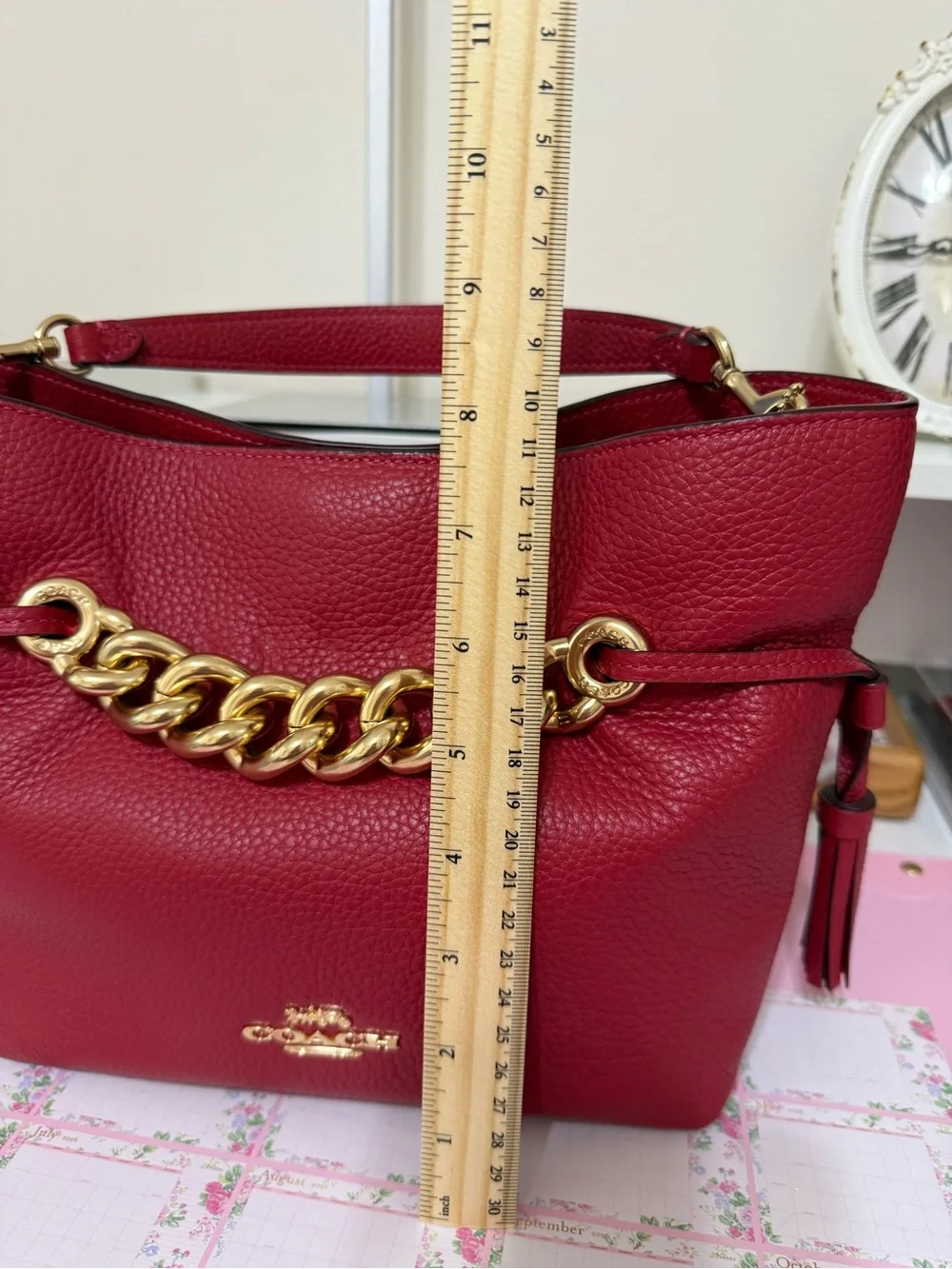 COACH Red Apple Pebbled Leather Hobo with Gold Chain Accent